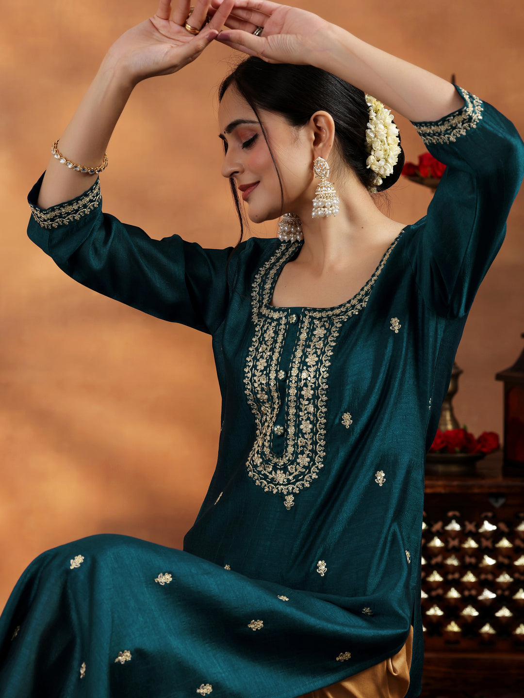  Libas Teal Embroidered Silk Straight Kurta 