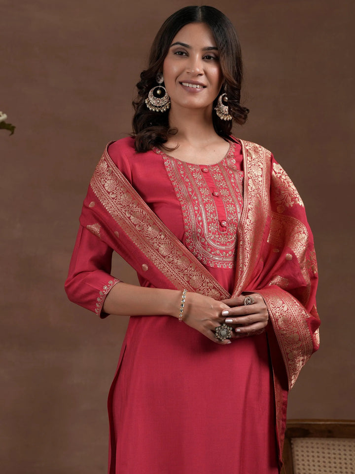 Pink Yoke Design Silk Blend Straight Suit With Dupatta - Libas