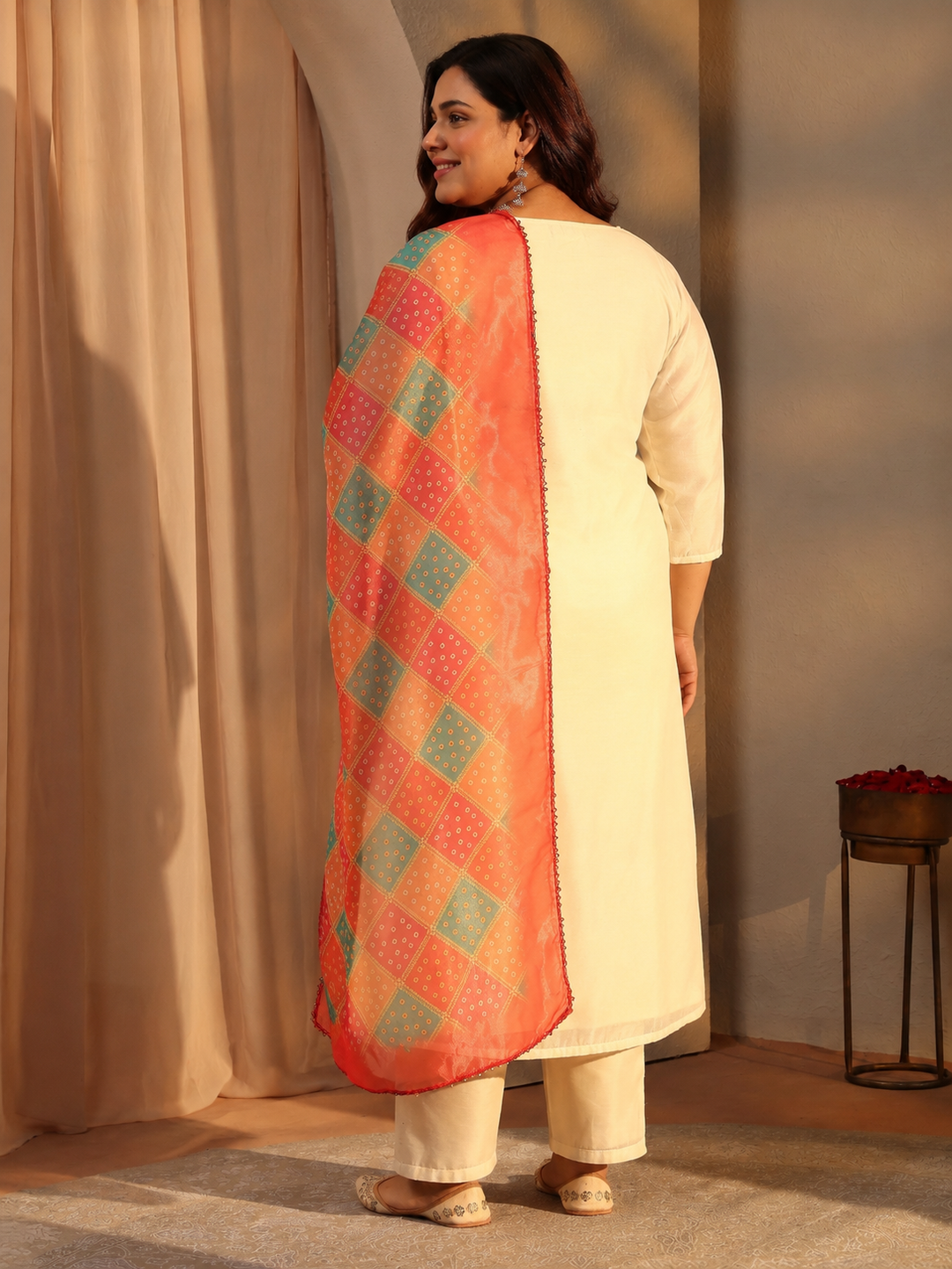  Plus Size Off White Ethnic Motif Printed Chanderi Silk Straight Suit Set 