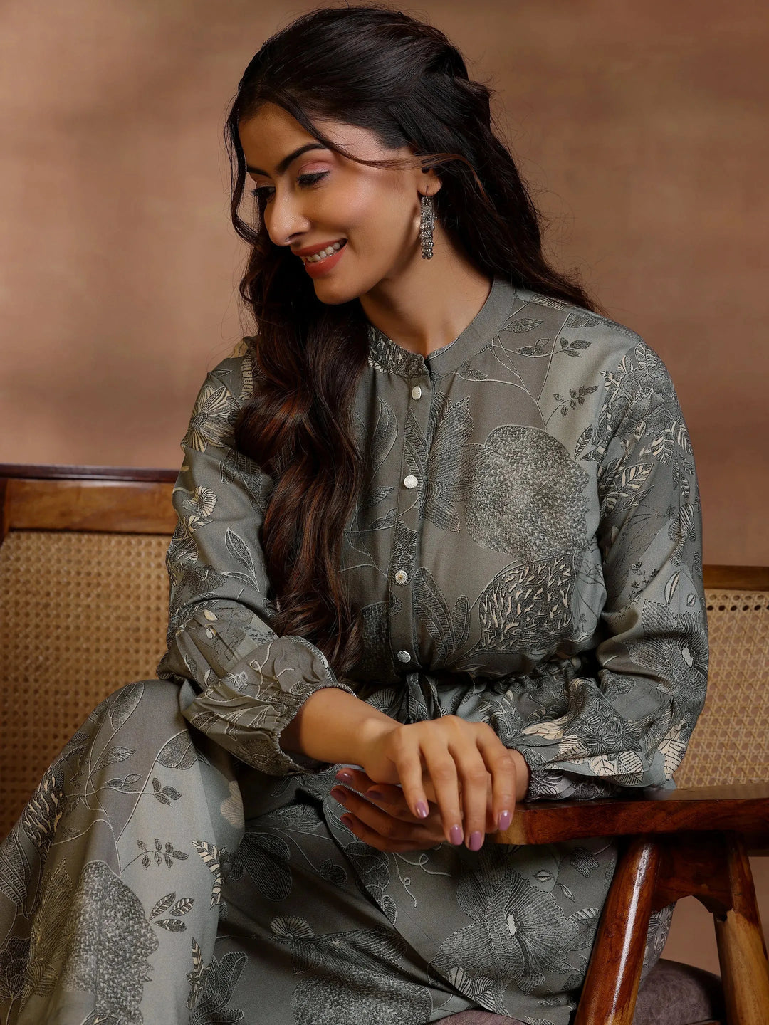  Grey Printed Silk Blend Co-Ords 