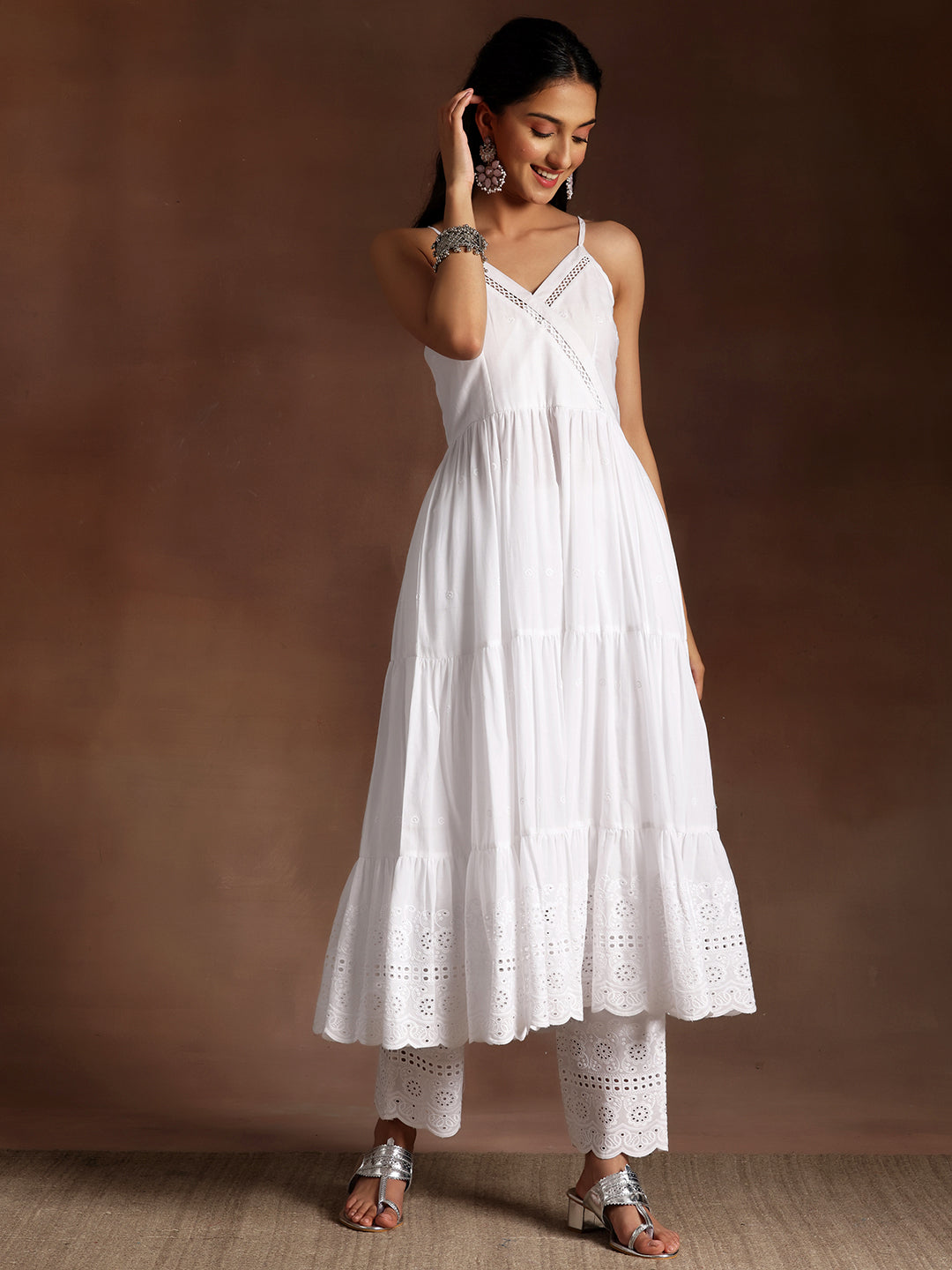 The Kiara Cut White Self Design Cotton A-Line Kurta With Trousers