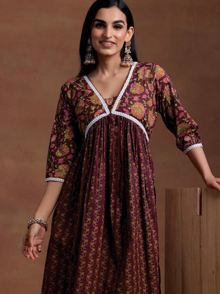 Rust Printed Cotton A-Line Kurta With Palazzos - Libas