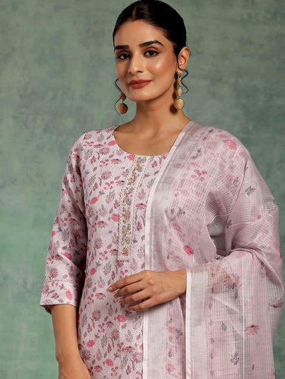 Lilac Printed Cotton Straight Suit With Dupatta - Libas