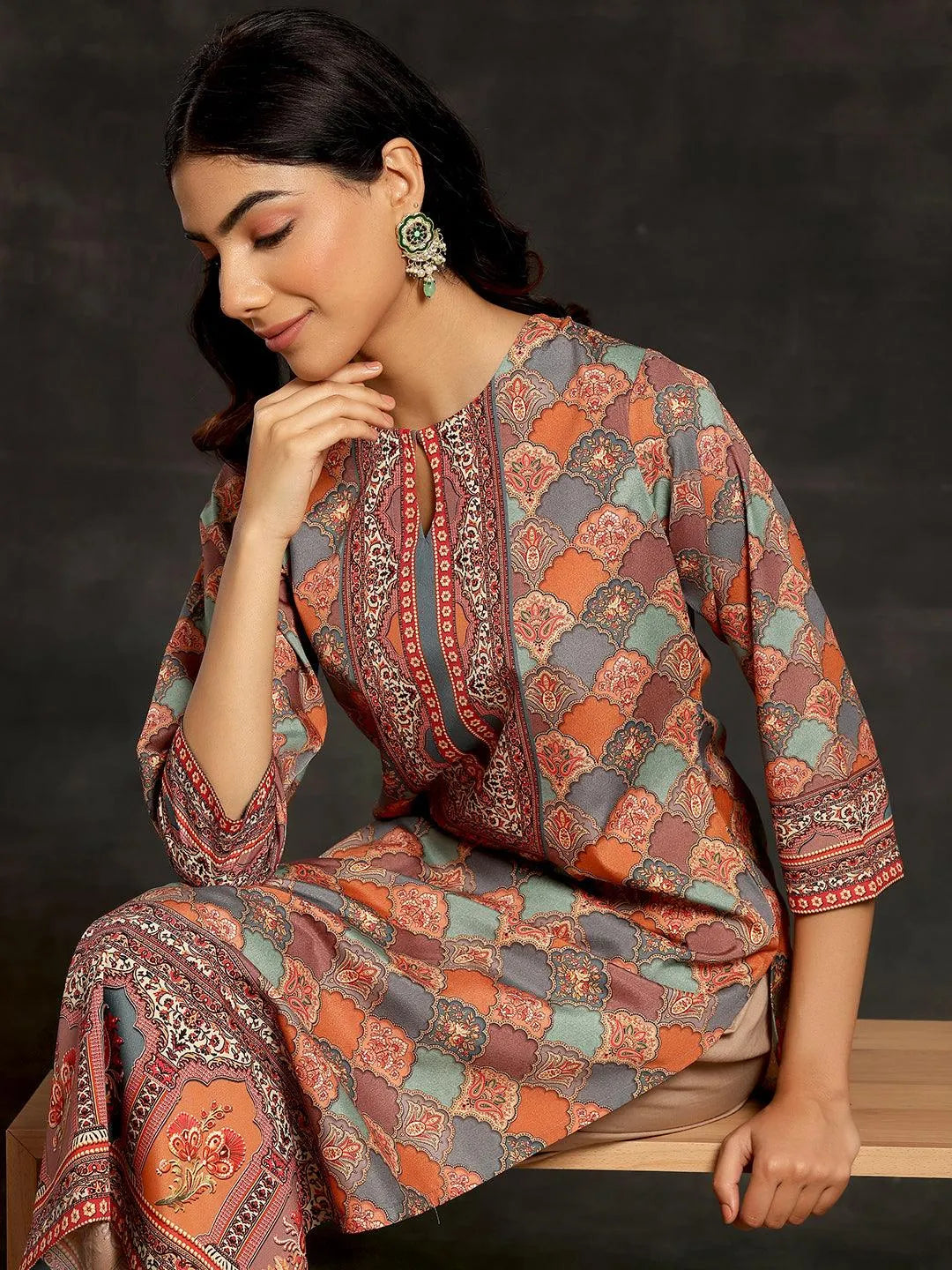 Multicoloured Printed Crepe Straight Kurta - Libas 