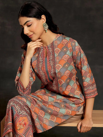 Multicoloured Printed Crepe Straight Kurta
