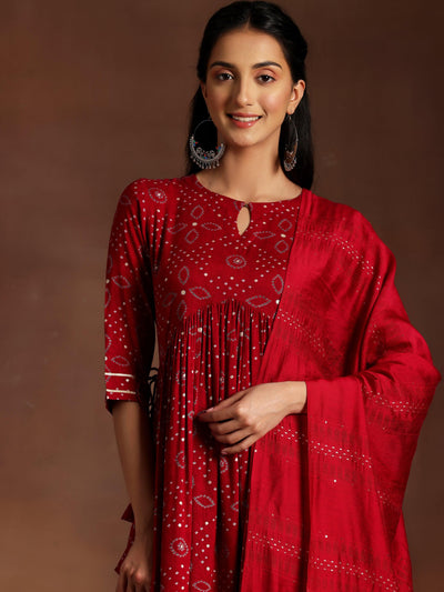 Zainab Red Printed Rayon A-Line Kurta With Palazzos & Dupatta - Libas