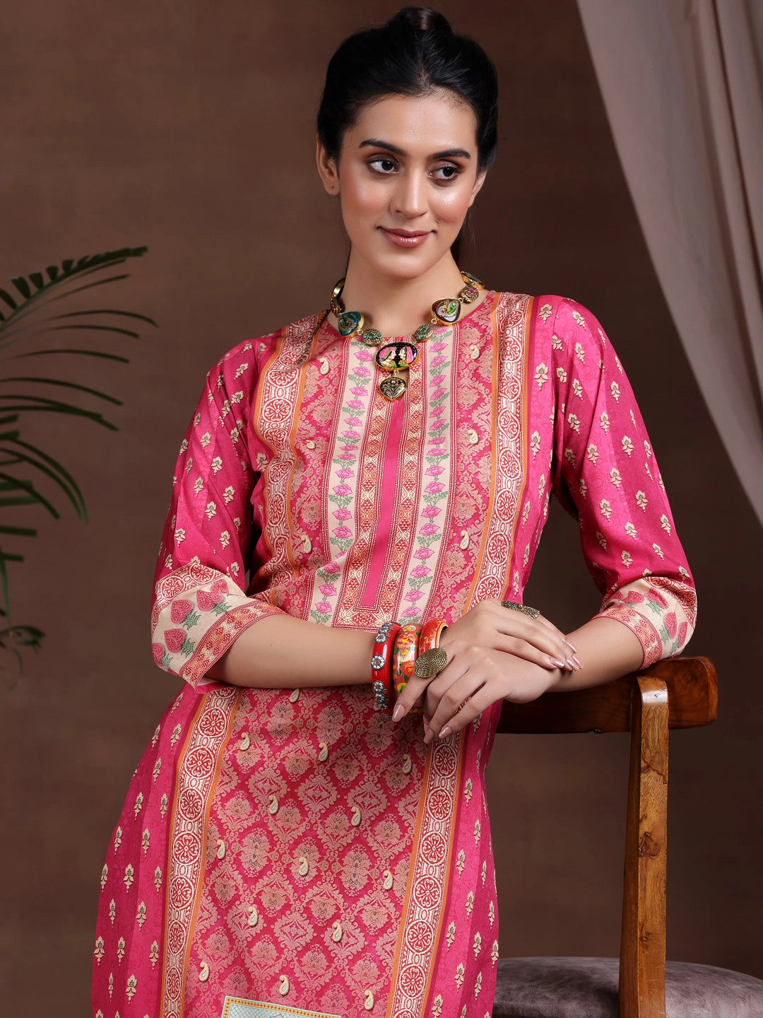  Pink Printed Crepe Straight Kurta 