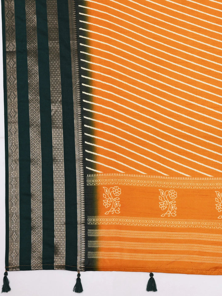 Mustard Printed Silk Blend Saree With Unstitched Blouse Piece - Libas