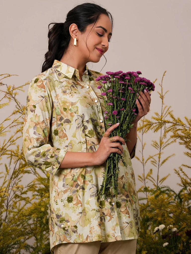 Libas Green Printed Silk Blend A-Line Kurti