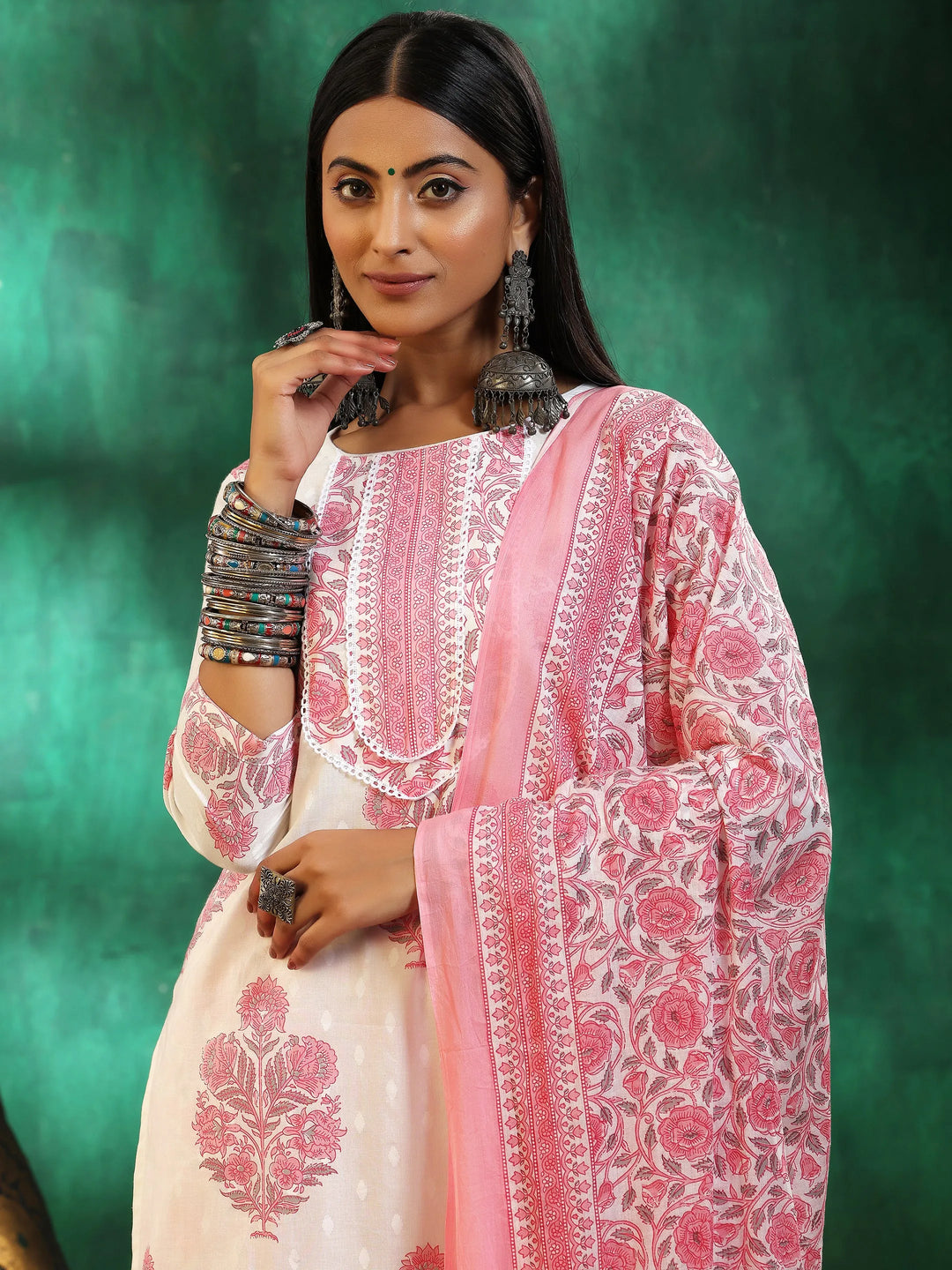  Off White Printed Cotton Straight Suit With Dupatta 