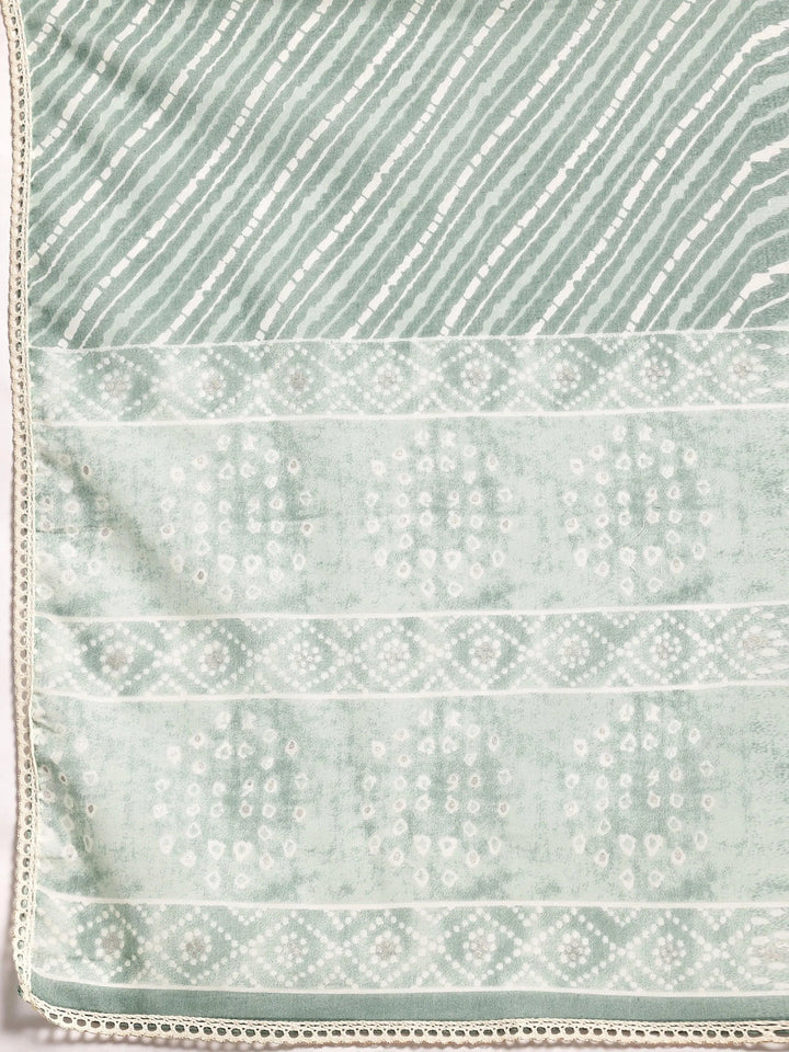 Green Printed Cotton A-Line Kurta With Palazzos & Dupatta - Libas
