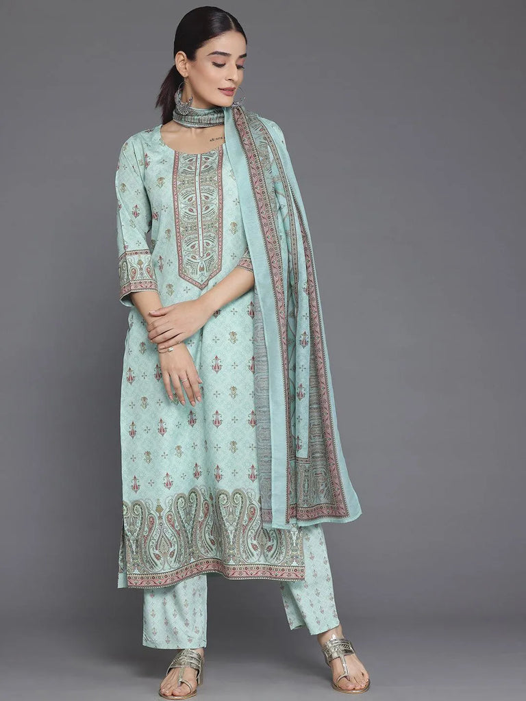 Libas Green Printed Poly Crepe Straight Suit With Dupatta