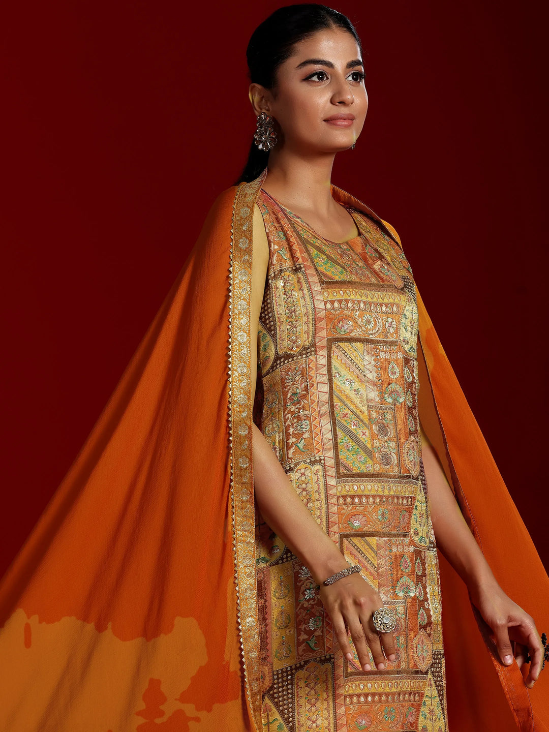  Libas Art Orange Woven Design Silk Blend Straight Suit With Dupatta 