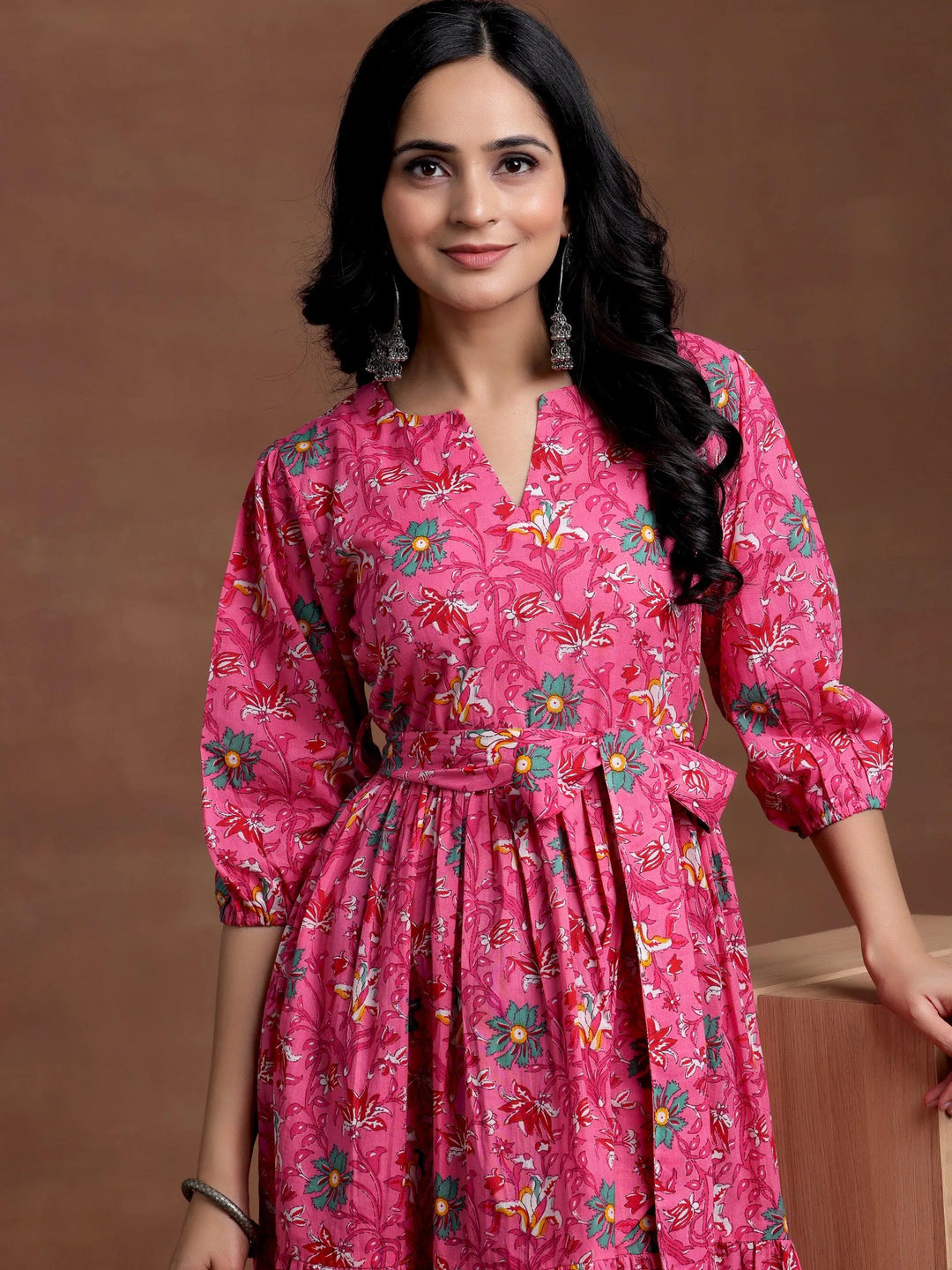 Coral Printed Cotton Fit and Flare Dress - Libas 