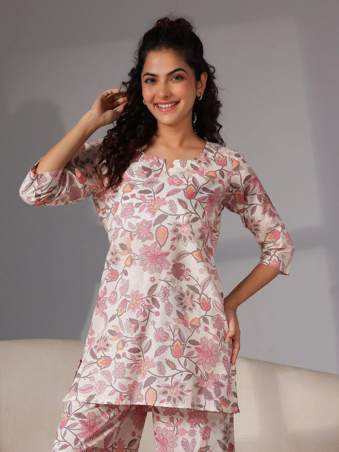 Cream Printed Cotton Night Suits - Libas 