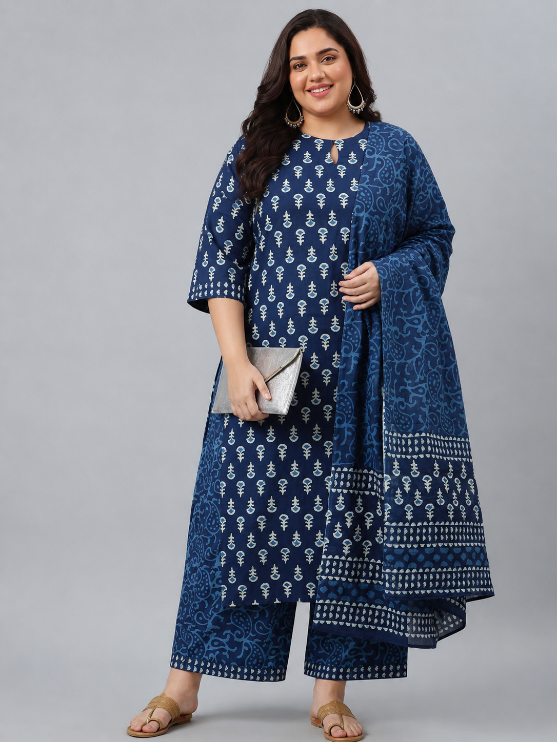 libas Plus Size Blue Floral Printed Cotton Straight Suit Set-picture-40