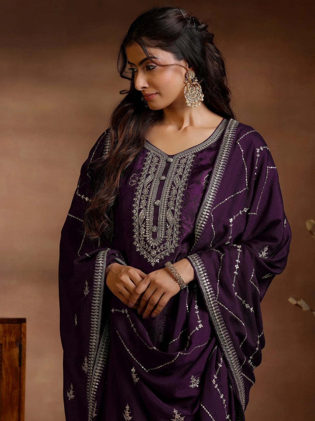  Wine Woven Design Silk Blend Straight Suit With Dupatta 