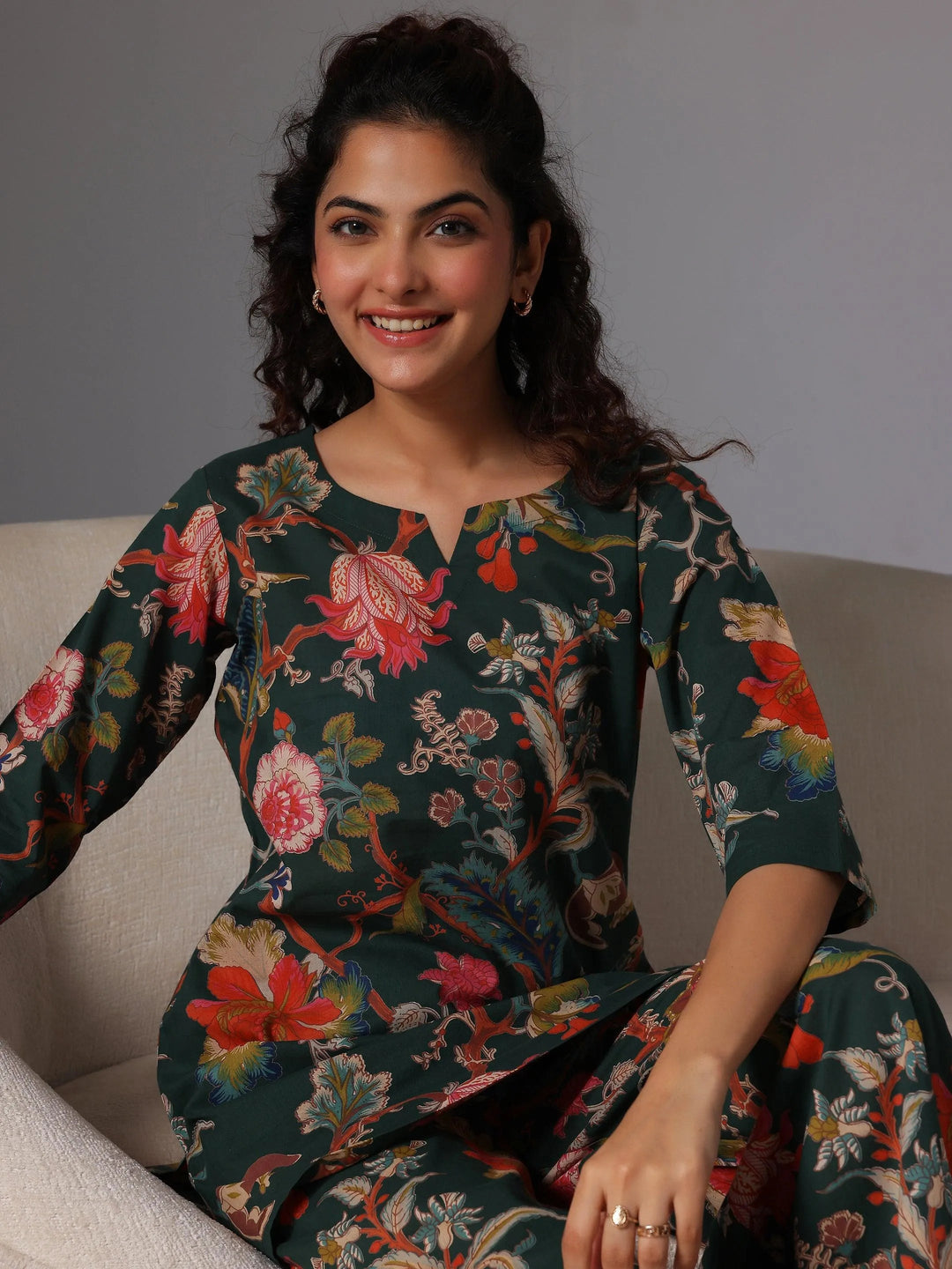 Green Printed Cotton Night Suits - Libas 