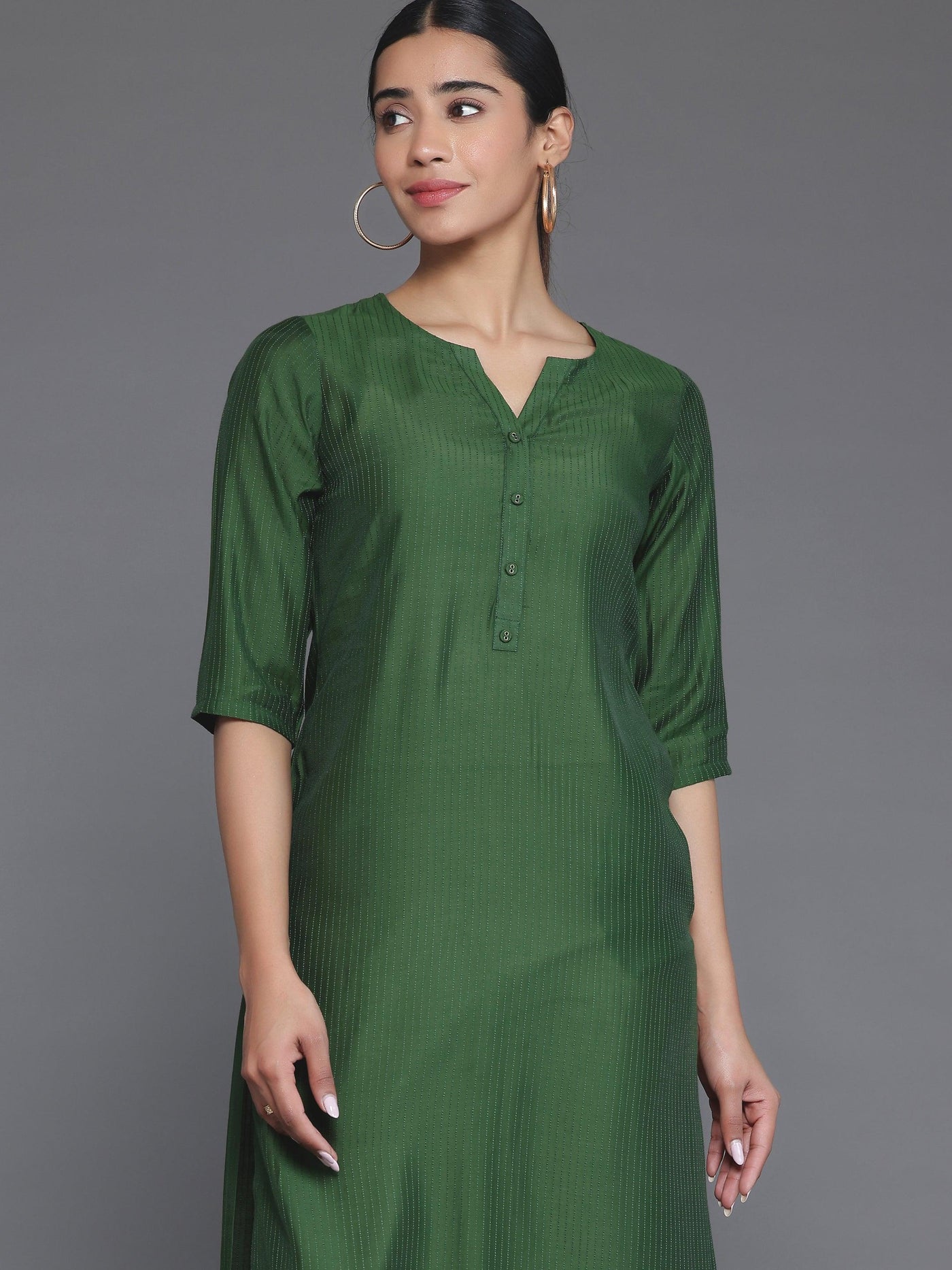 Green Woven Design Silk Straight Kurta - Libas