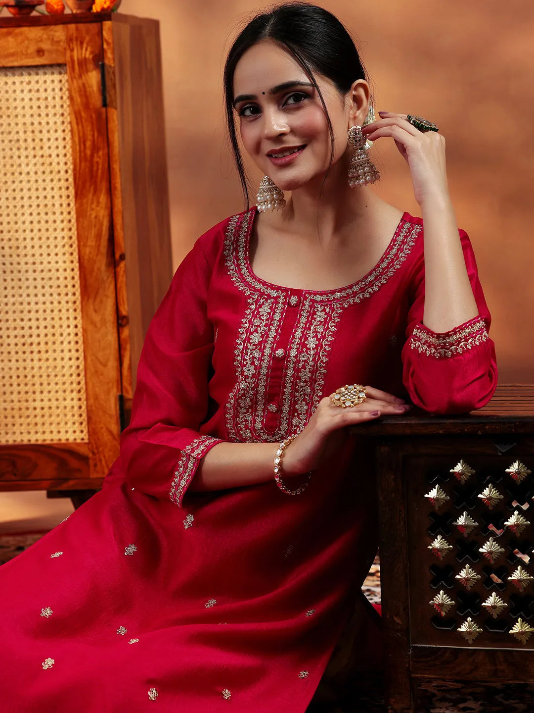  Red Embroidered Silk Straight Kurta 