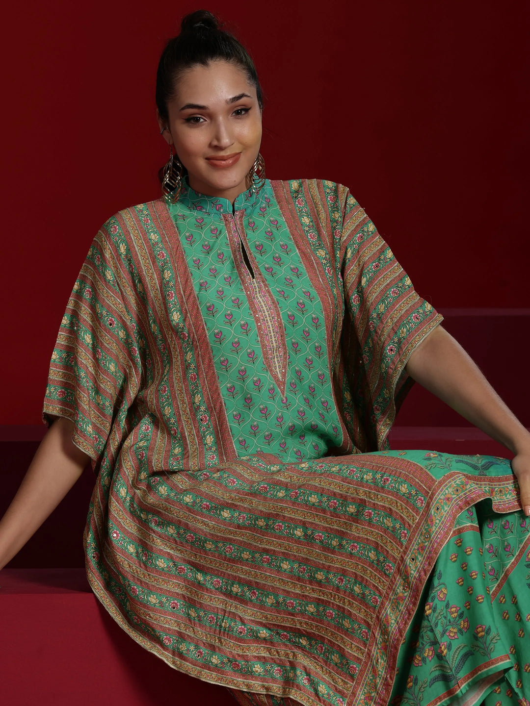 Libas Art Green Printed Silk Blend Straight Kaftan Kurta & Palazzos 