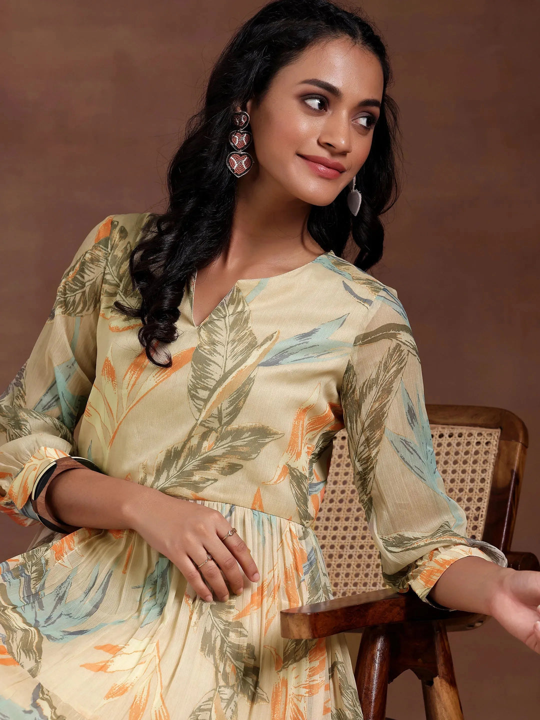  Beige Printed Chiffon Fit and Flare Dress 
