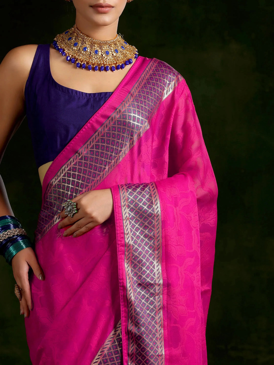  Pink Printed Silk Blend Saree With Unstitched Blouse Piece 