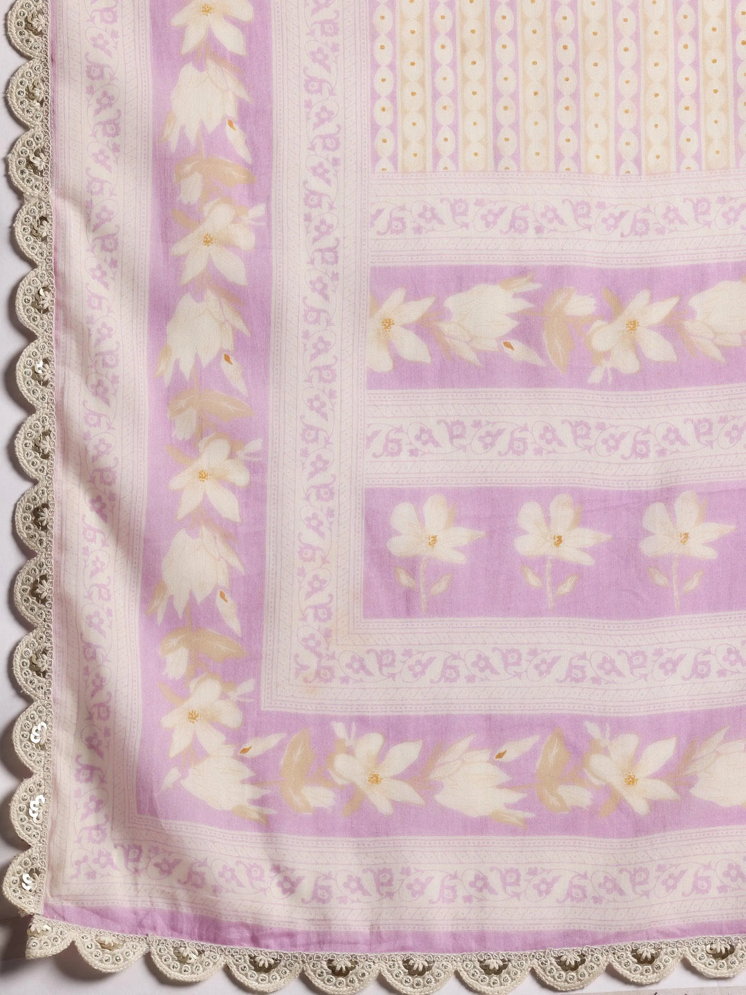 Dilbaro Purple Printed Cotton A-Line Kurta With Trousers & Dupatta - Libas 