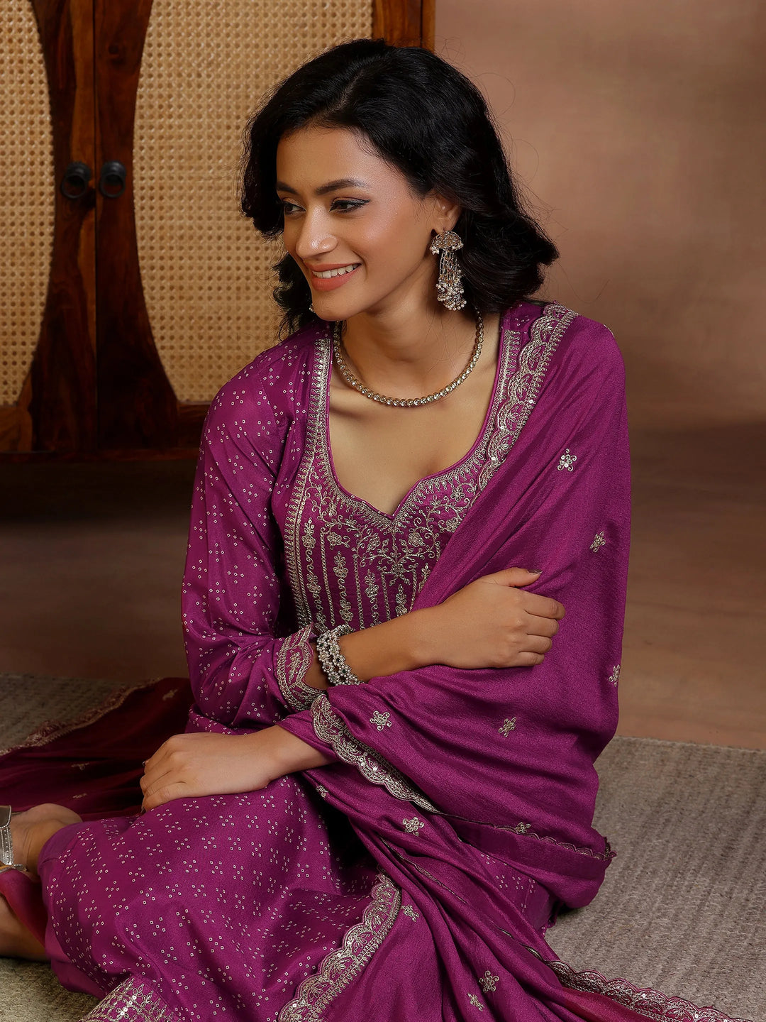  Wine Printed Silk Blend Straight Suit With Dupatta 