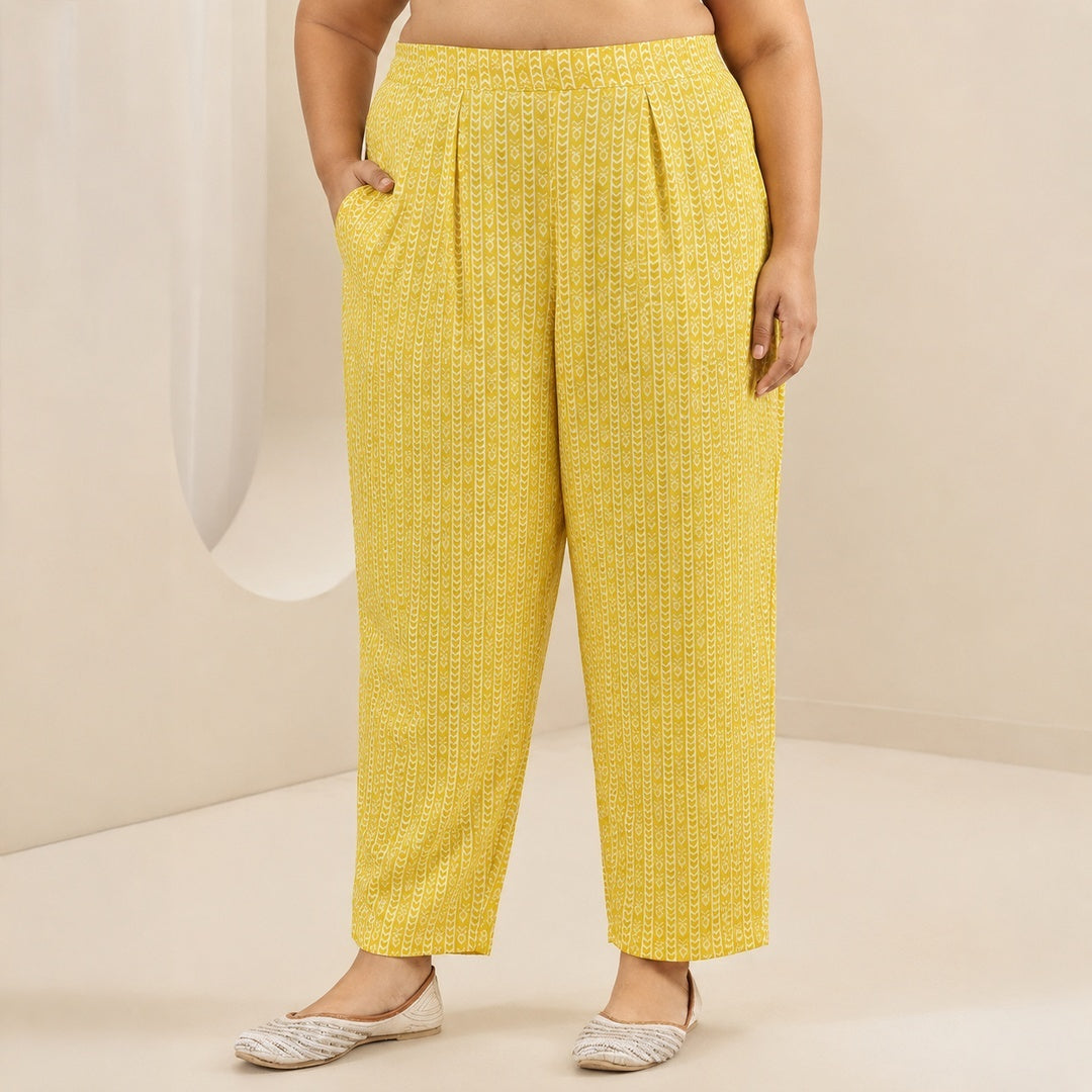  Plus Size Yellow Floral Printed Cotton Blend Straight Suit Set 