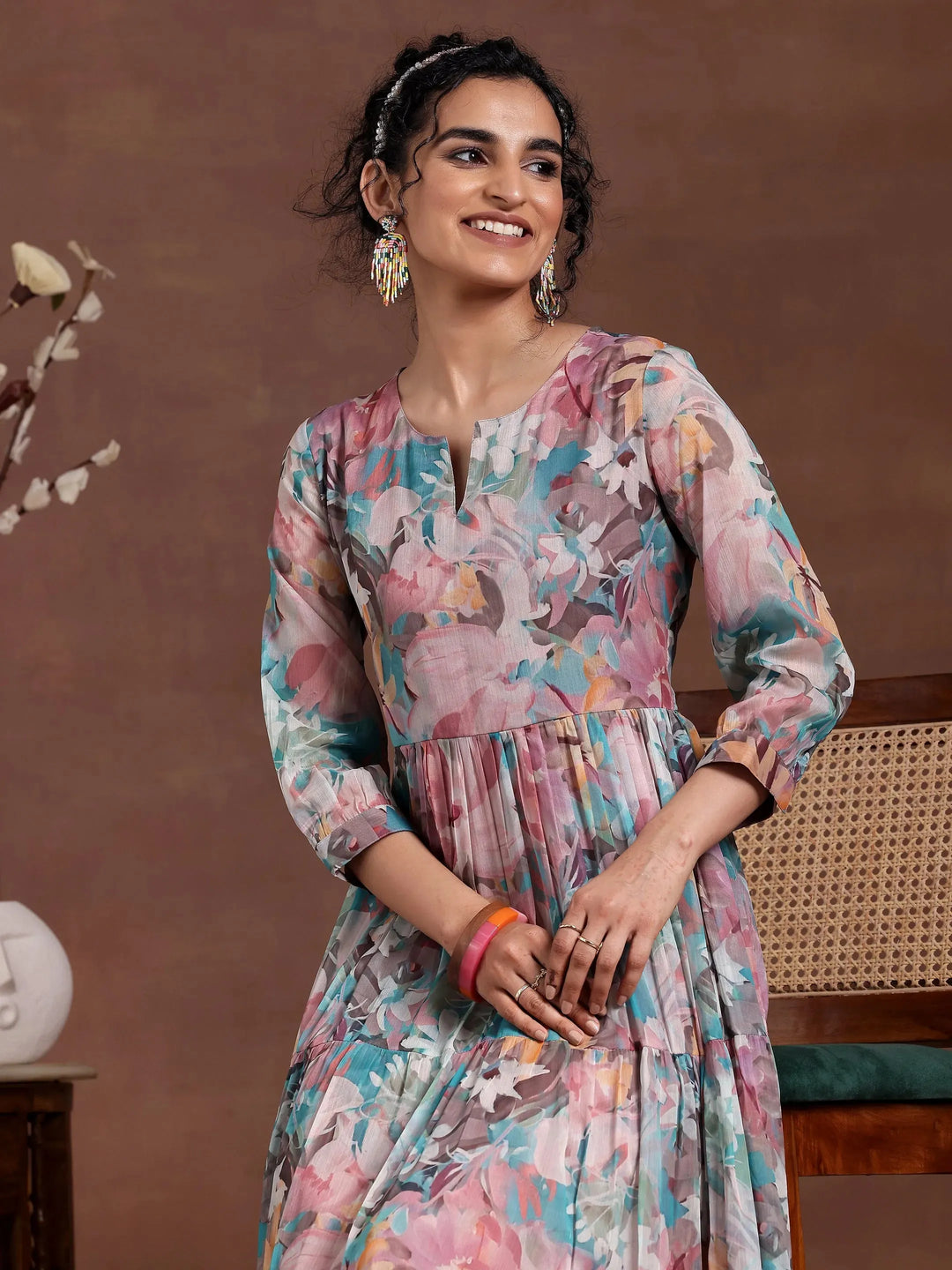  Mauve Printed Chiffon Fit and Flare Dress 