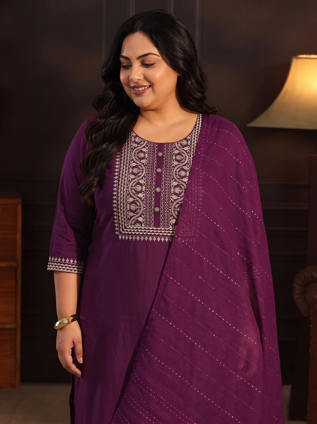  Plus Size Wine Yoke Design Silk Blend Straight Suit Set 