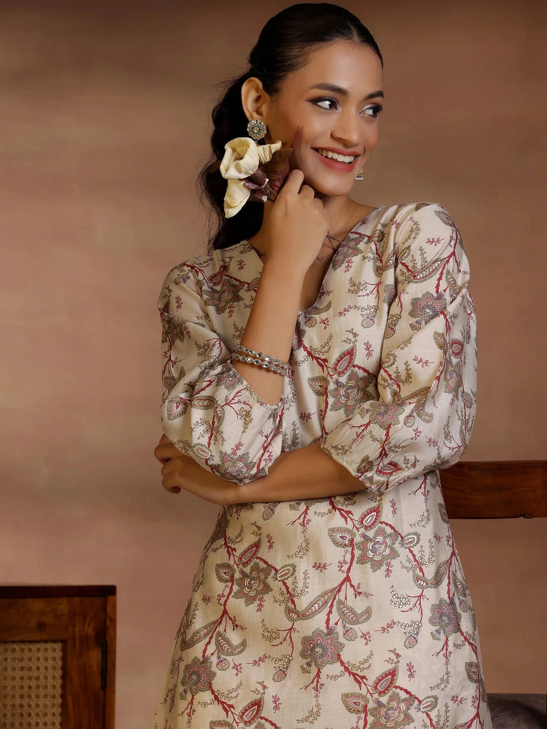  Beige Printed Silk Blend Co-Ords 