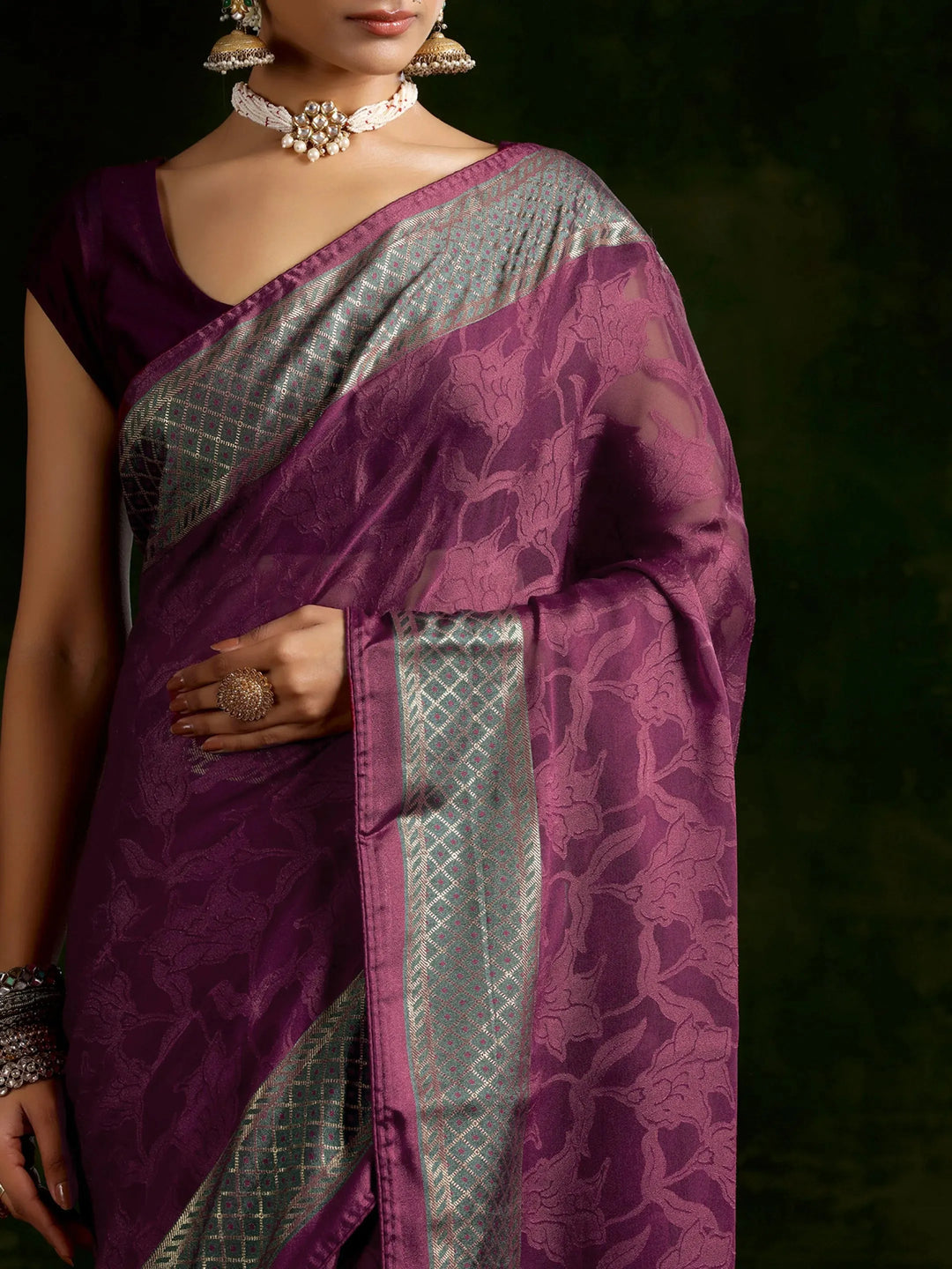  Wine Printed Silk Blend Saree With Unstitched Blouse Piece 