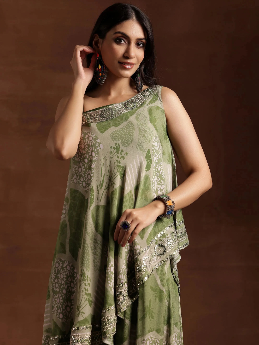  Green Printed Silk Blend Co-Ords 