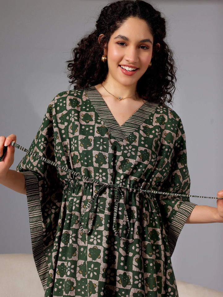 Green Printed Cotton Kaftan Night Dress - Libas