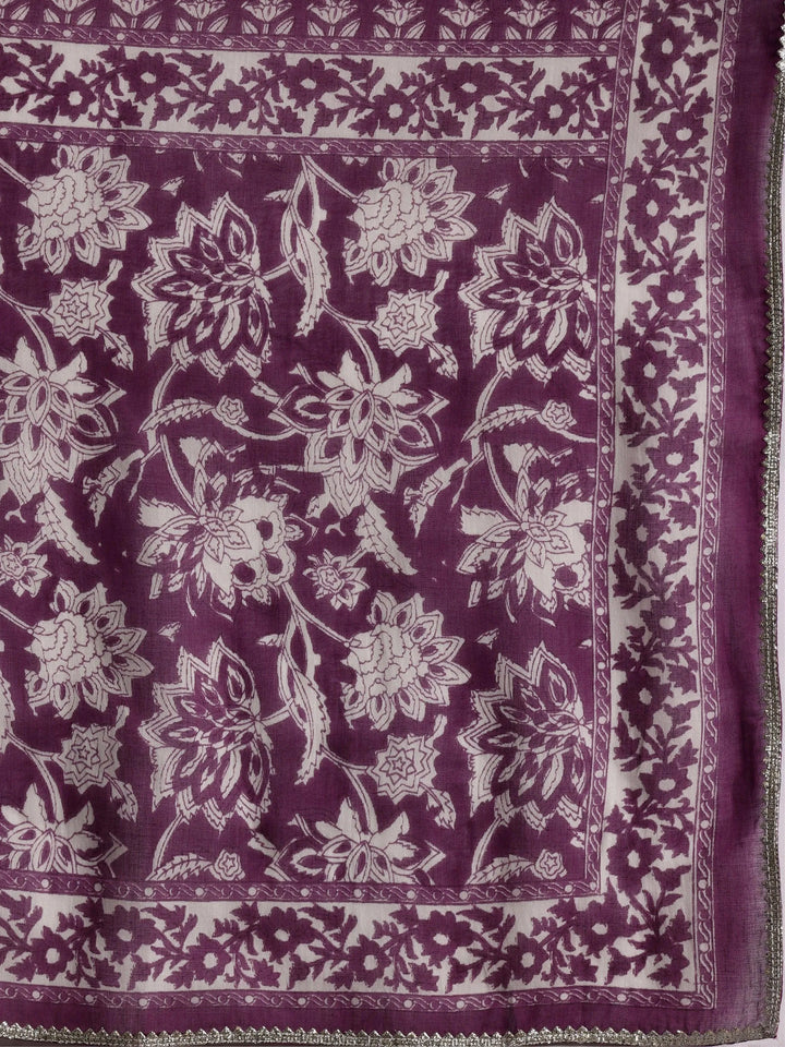 Purple Printed Cotton Anarkali Suit With Dupatta - Libas
