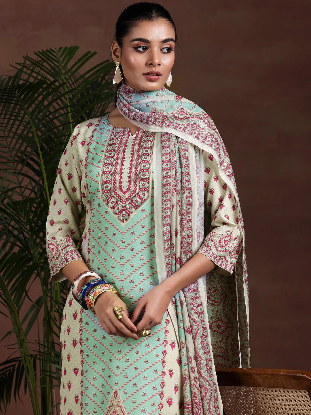  Beige Printed Poly Crepe Straight Suit With Dupatta 