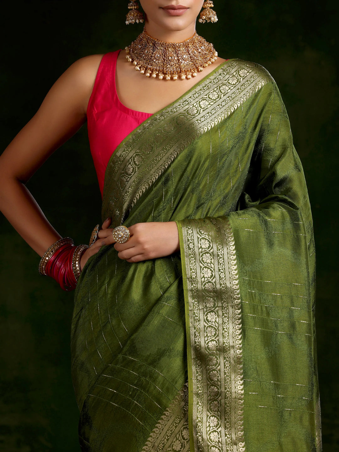  Olive Green Woven Design Silk Blend Saree With Unstitched Blouse Piece 
