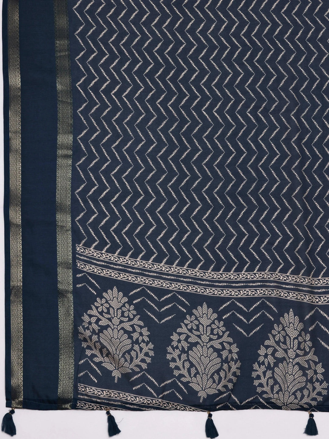 Blue Printed Silk Blend Saree With Unstitched Blouse Piece - Libas