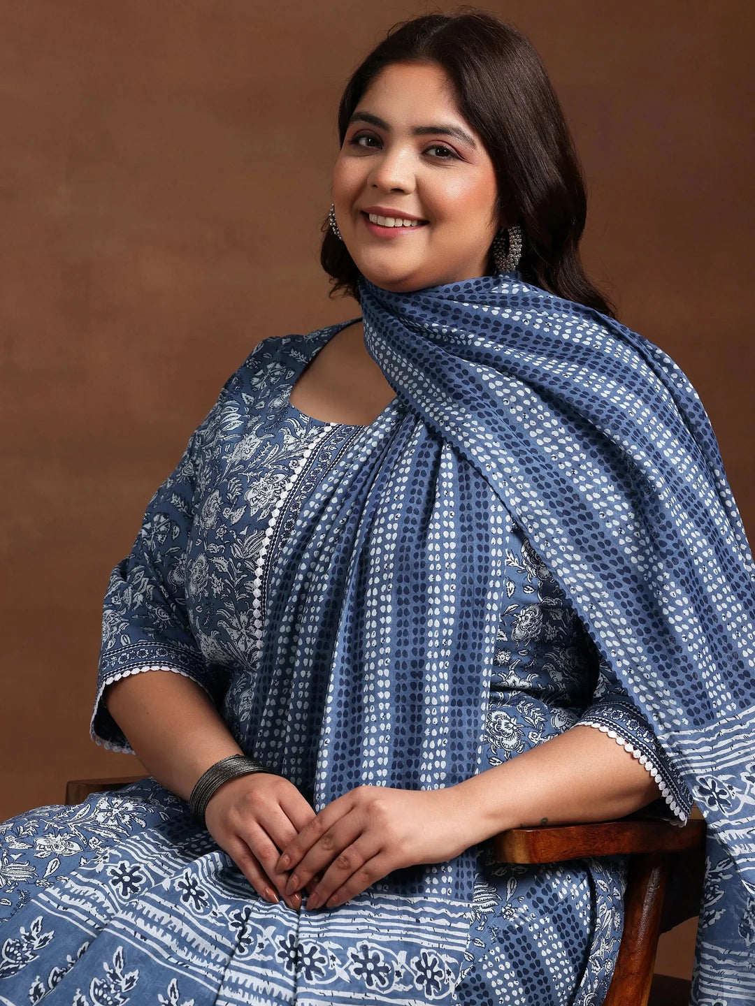  Plus Size Blue Printed Cotton Straight Suit With Dupatta 