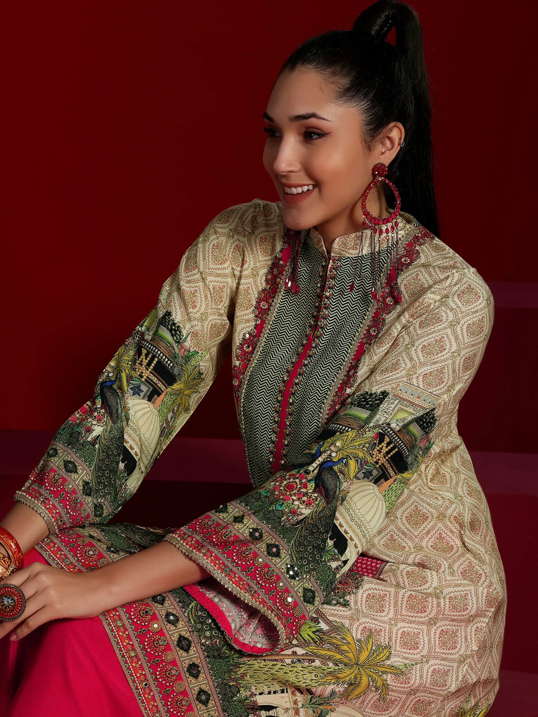  Libas Art Beige Printed Silk Blend Co-Ords 