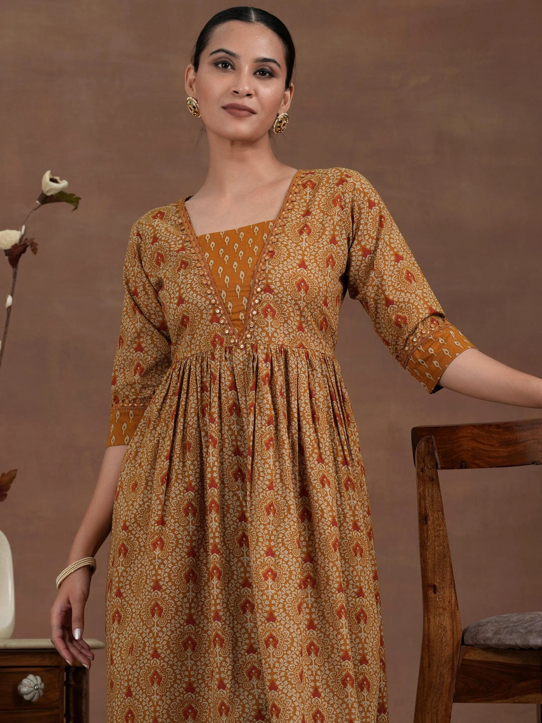 Mustard Printed Cotton A-Line Kurta With Palazzos - Libas 