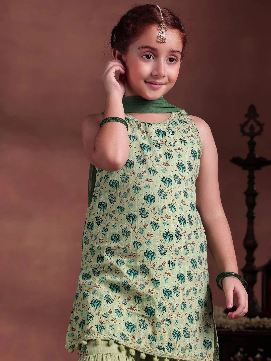  Kids Green Printed Cotton Straight Suit With Dupatta 