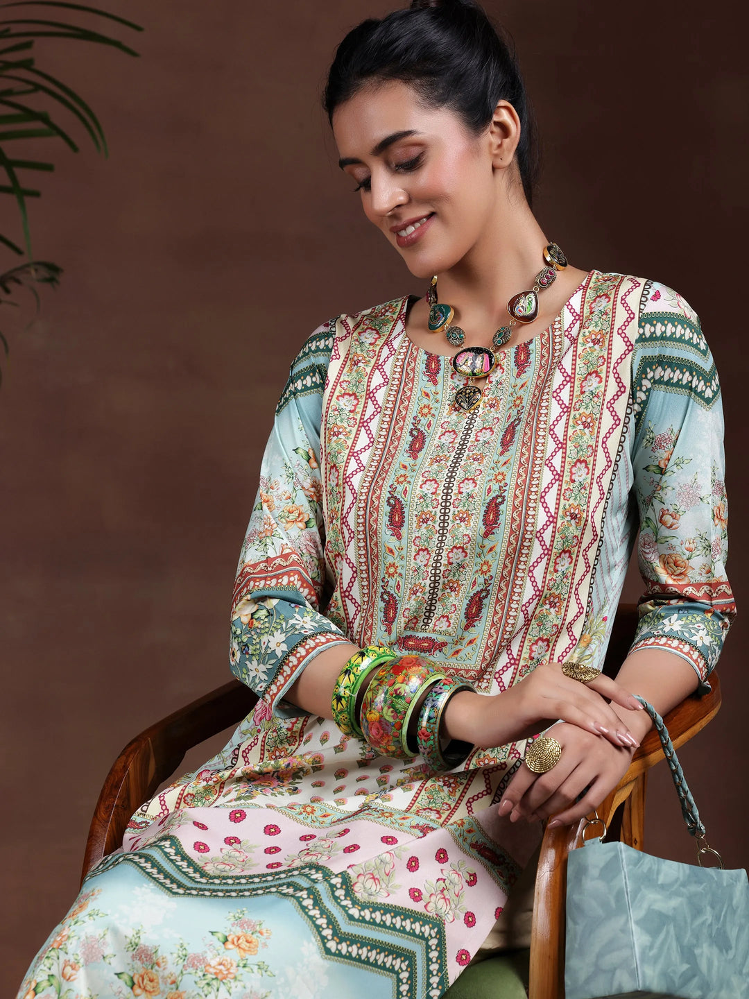  Sea Green Printed Crepe Straight Kurta 