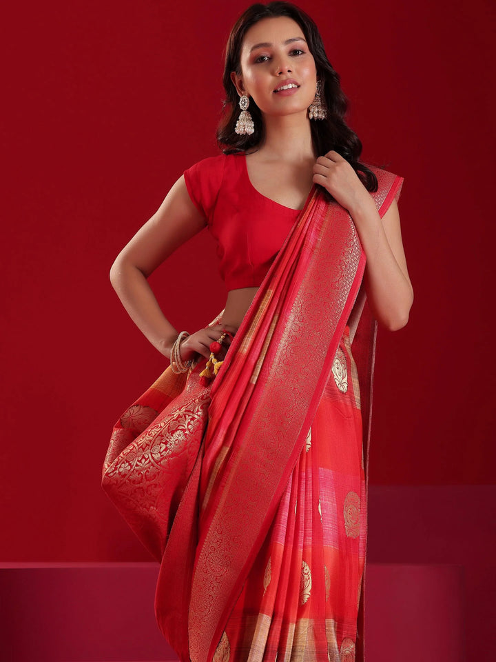 Libas Art Red Woven Design Satin Saree With Unstitched Blouse Piece - Libas