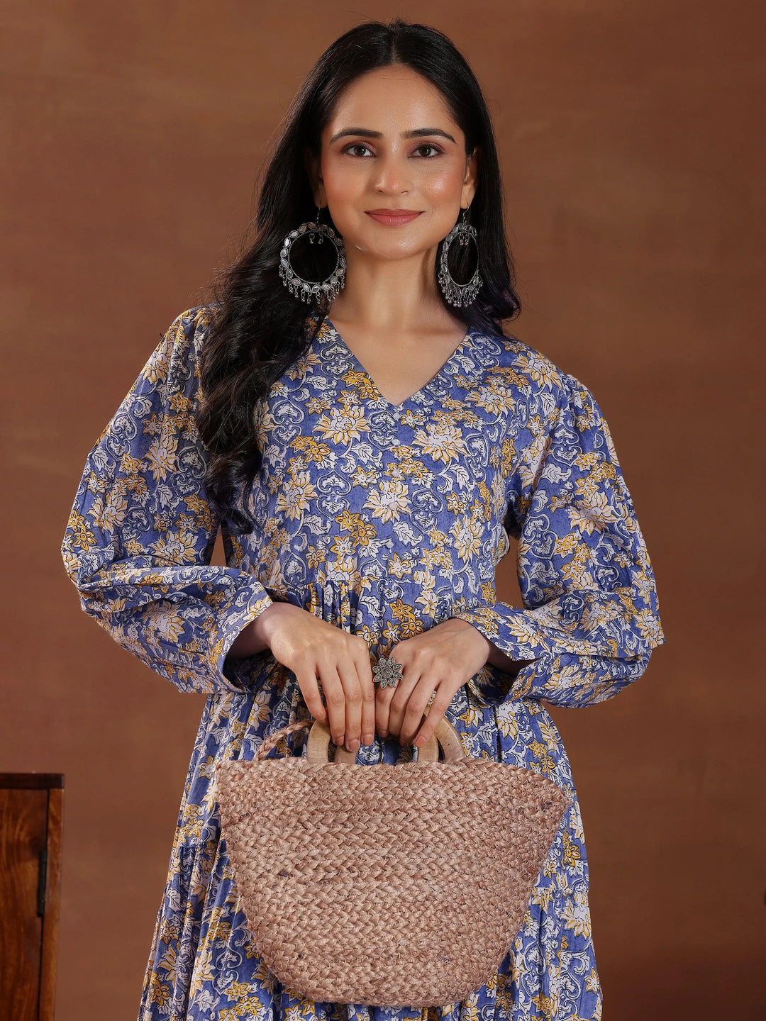 Blue Printed Cotton Fit and Flare Dress - Libas 