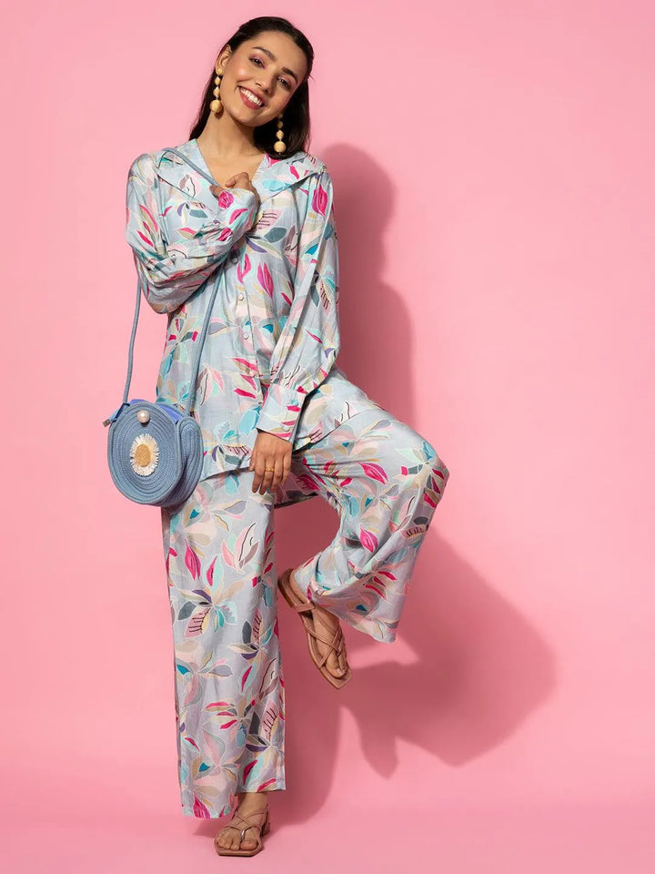 Grey Printed Silk Blend Co-Ords - Libas