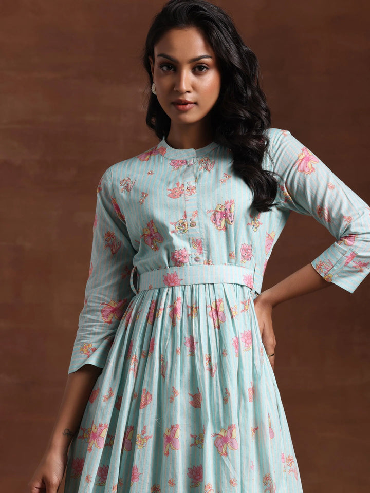Sea Green Printed Cotton Fit and Flare Dress - Libas