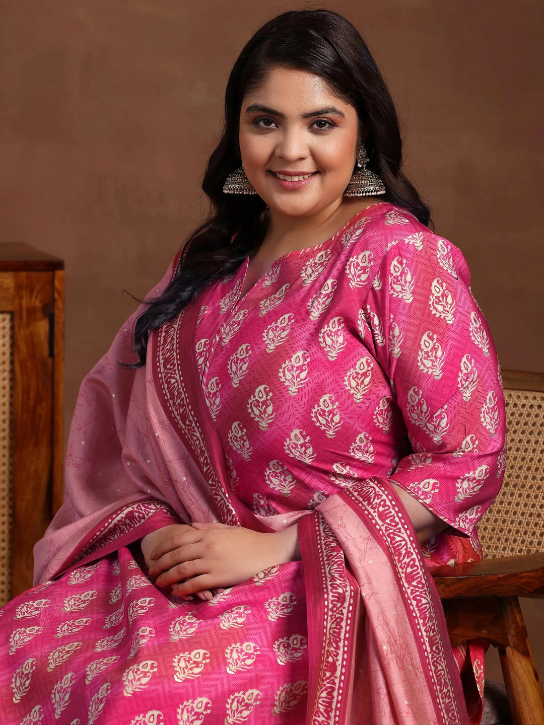  Plus Size Pink Printed Silk Blend Straight Suit With Dupatta 